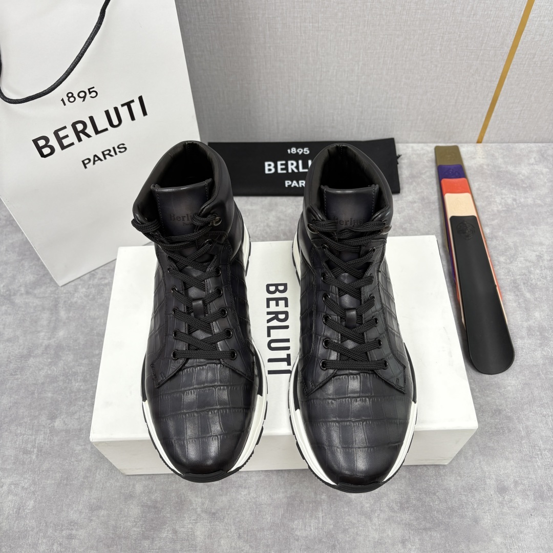 💋💍Berlut* 布鲁提 升级版第四代私模大底 Fast Track皮革高帮运动鞋 鞋面采用头层压纹皮
