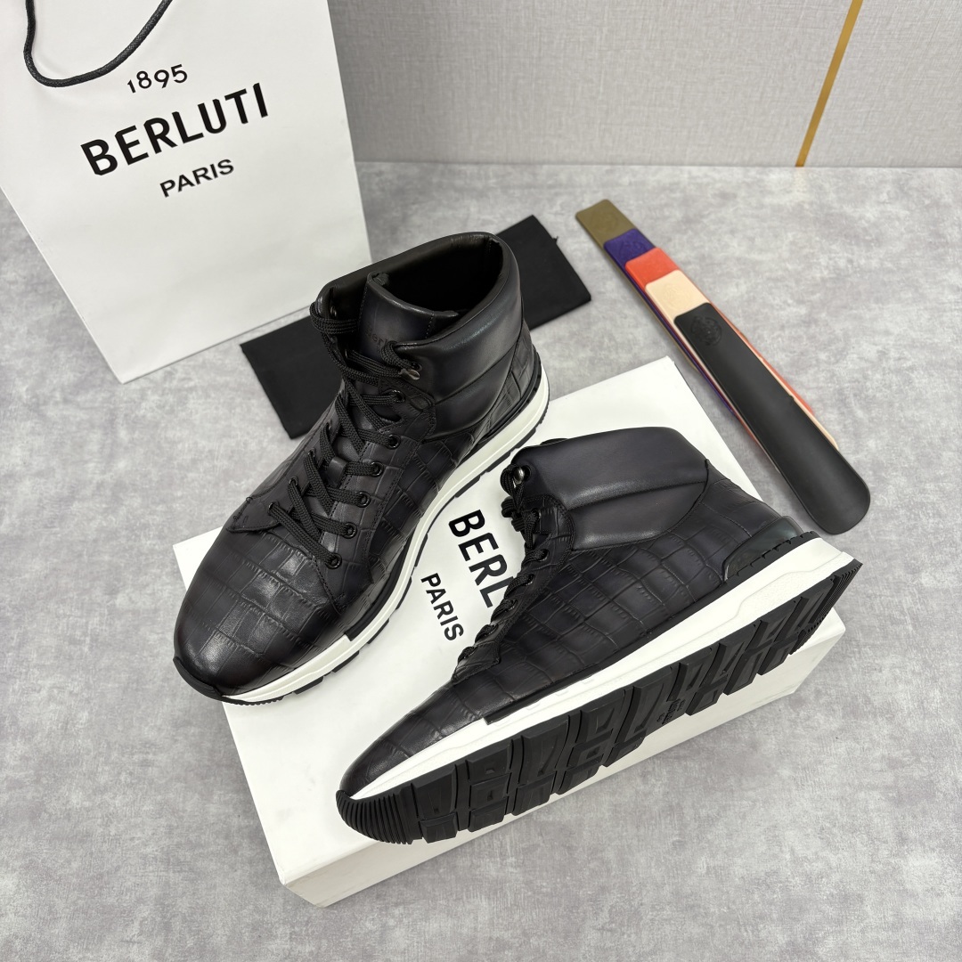 💋💍Berlut* 布鲁提 升级版第四代私模大底 Fast Track皮革高帮运动鞋 鞋面采用头层压纹皮