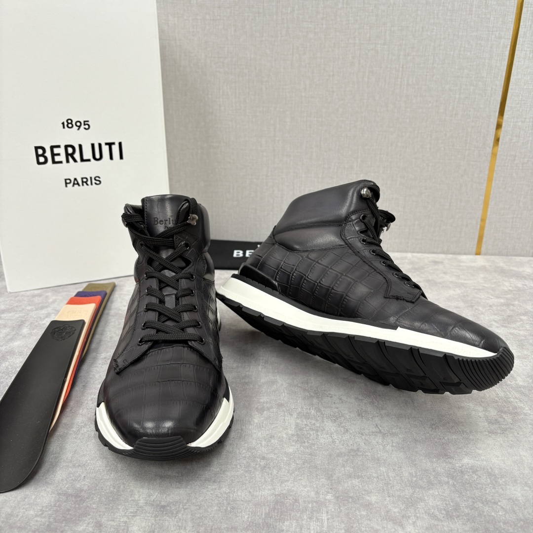 💋💍Berlut* 布鲁提 升级版第四代私模大底 Fast Track皮革高帮运动鞋 鞋面采用头层压纹皮