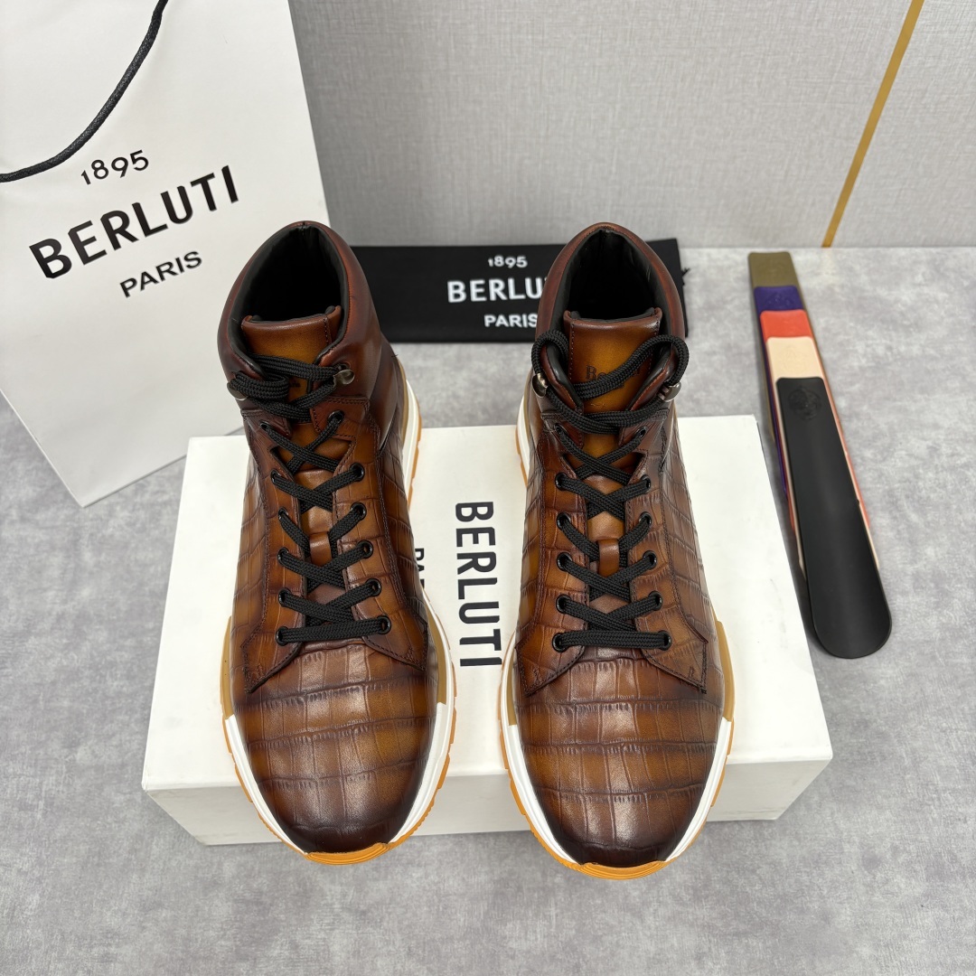 💋💍Berlut* 布鲁提 升级版第四代私模大底 Fast Track皮革高帮运动鞋 鞋面采用头层压纹皮