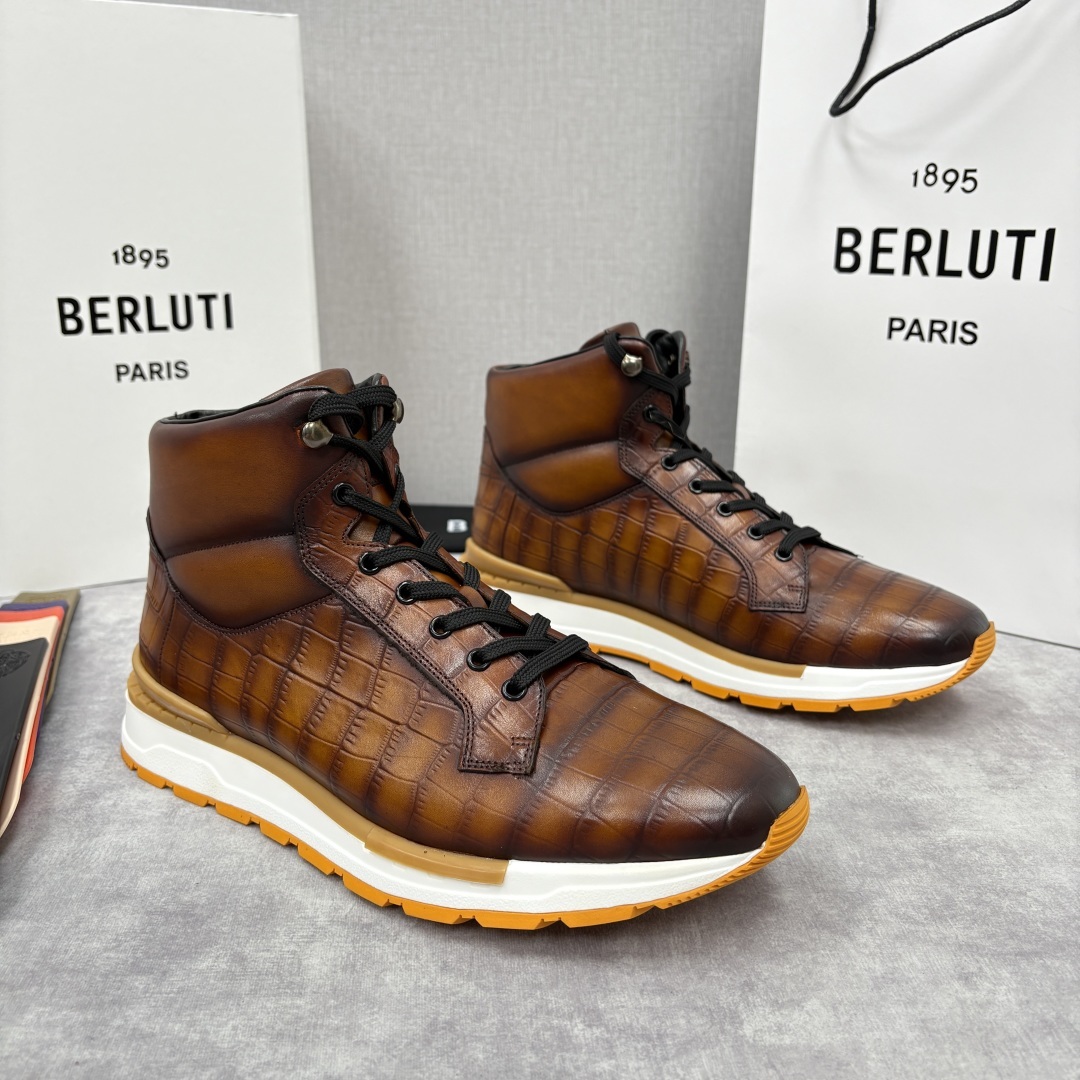💋💍Berlut* 布鲁提 升级版第四代私模大底 Fast Track皮革高帮运动鞋 鞋面采用头层压纹皮