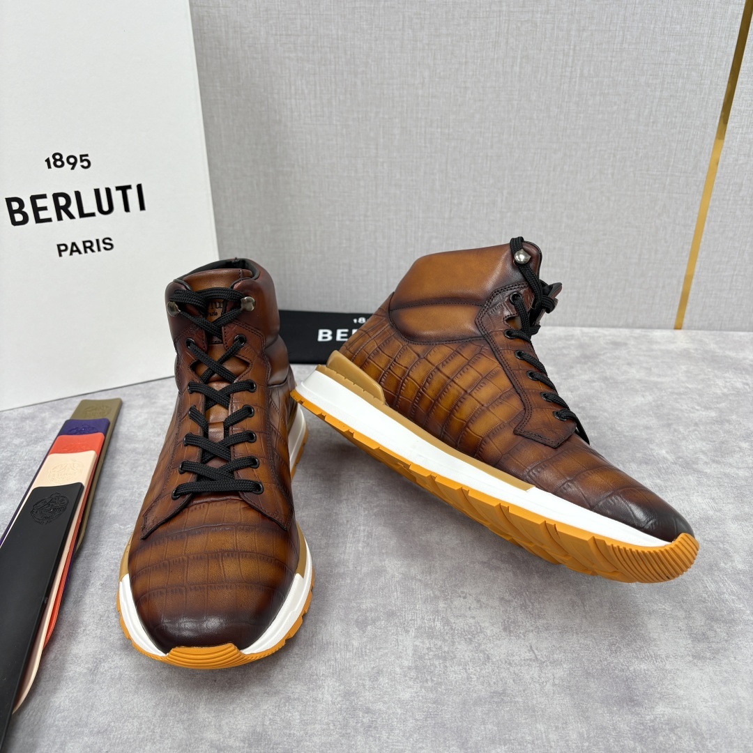 💋💍Berlut* 布鲁提 升级版第四代私模大底 Fast Track皮革高帮运动鞋 鞋面采用头层压纹皮