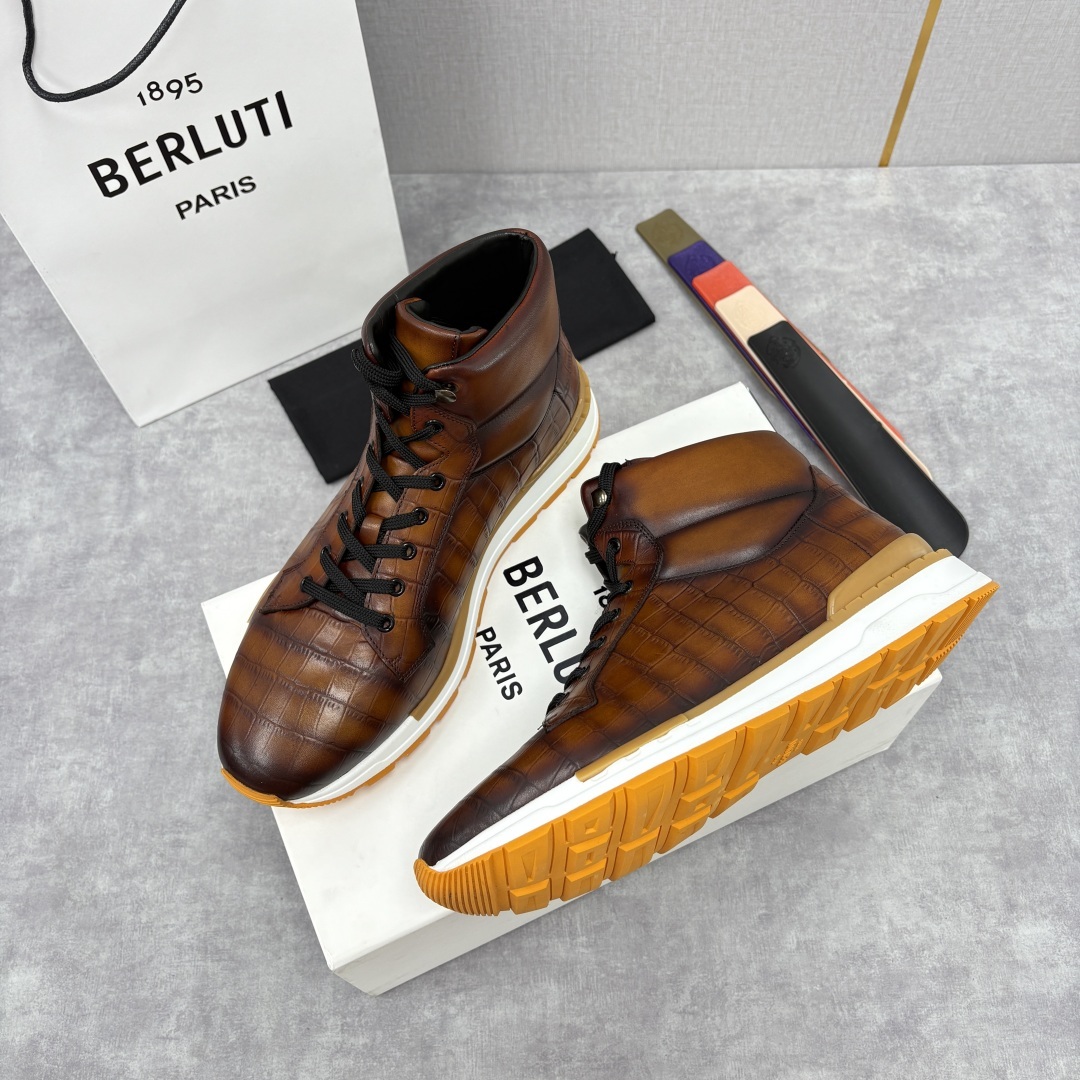 💋💍Berlut* 布鲁提 升级版第四代私模大底 Fast Track皮革高帮运动鞋 鞋面采用头层压纹皮