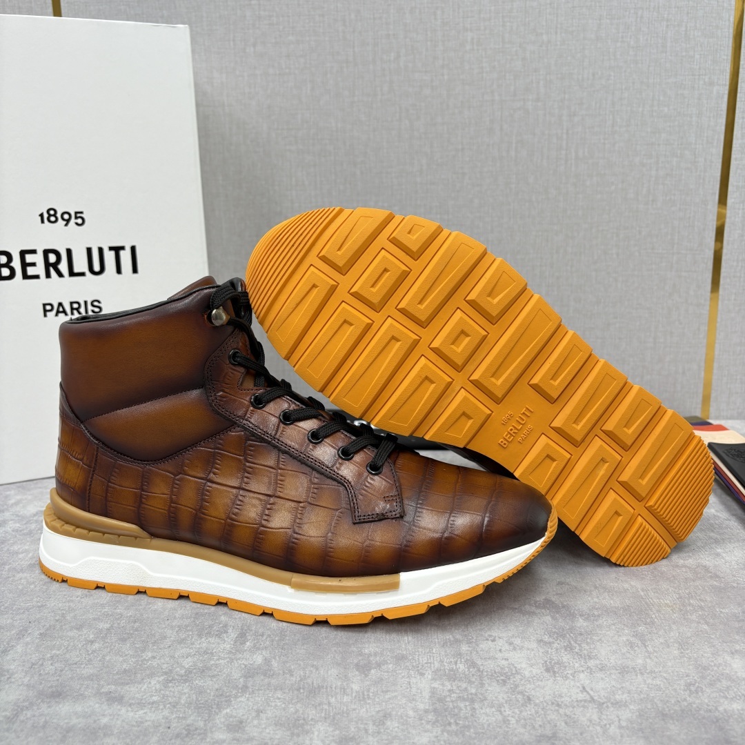 💋💍Berlut* 布鲁提 升级版第四代私模大底 Fast Track皮革高帮运动鞋 鞋面采用头层压纹皮