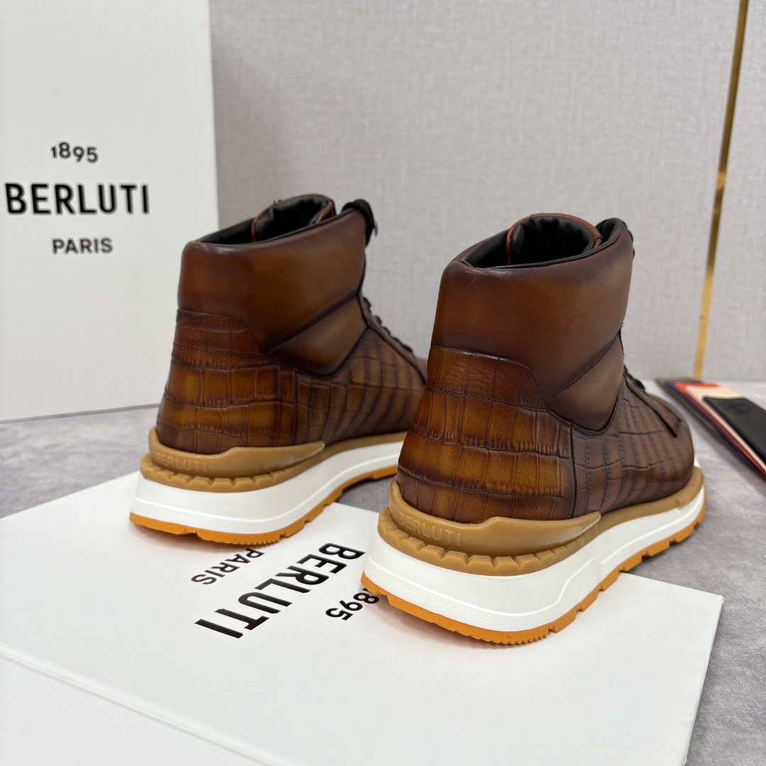 💋💍Berlut* 布鲁提 升级版第四代私模大底 Fast Track皮革高帮运动鞋 鞋面采用头层压纹皮