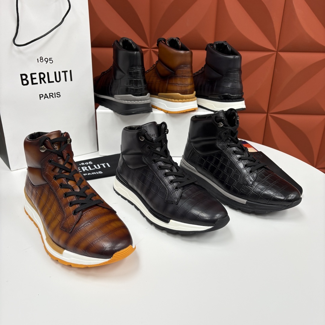 💋💍Berlut* 布鲁提 升级版第四代私模大底 Fast Track皮革高帮运动鞋 鞋面采用头层压纹皮