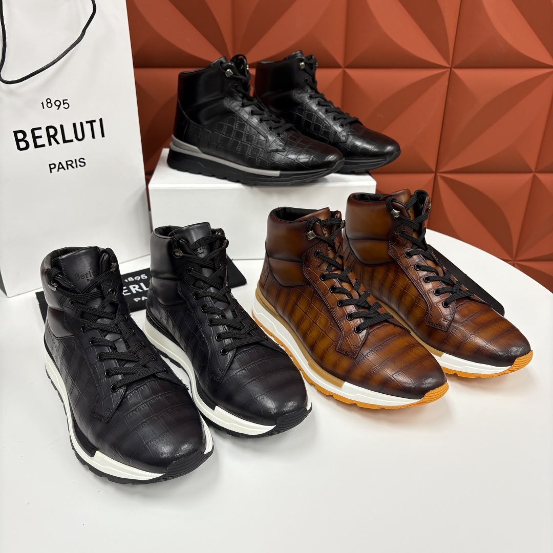 💋💍Berlut* 布鲁提 升级版第四代私模大底 Fast Track皮革高帮运动鞋 鞋面采用头层压纹皮