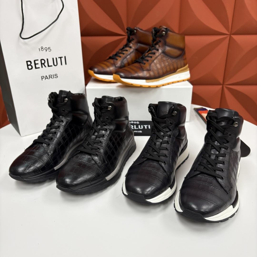 💋💍Berlut* 布鲁提 升级版第四代私模大底 Fast Track皮革高帮运动鞋 鞋面采用头层压纹皮