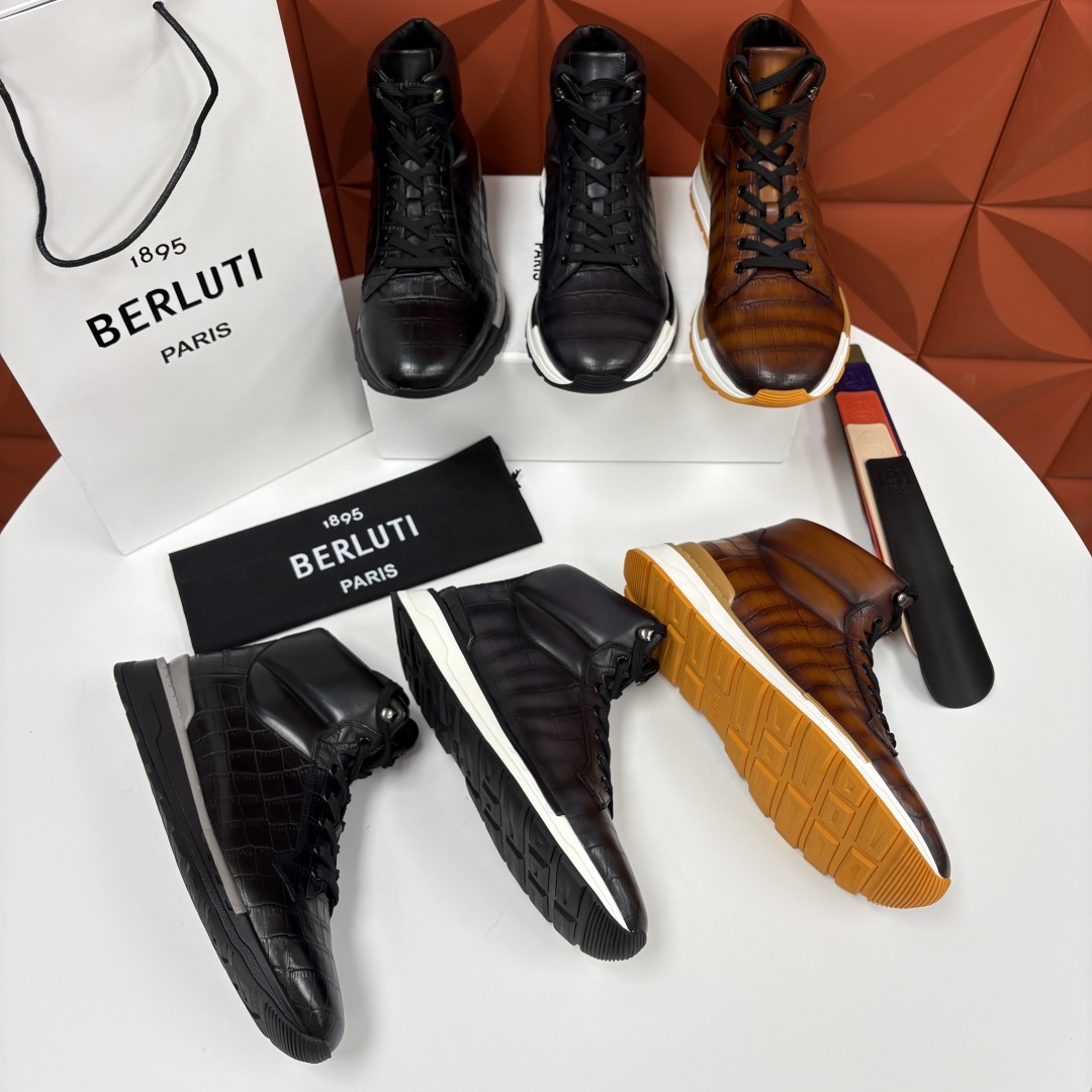 💋💍Berlut* 布鲁提 升级版第四代私模大底 Fast Track皮革高帮运动鞋 鞋面采用头层压纹皮