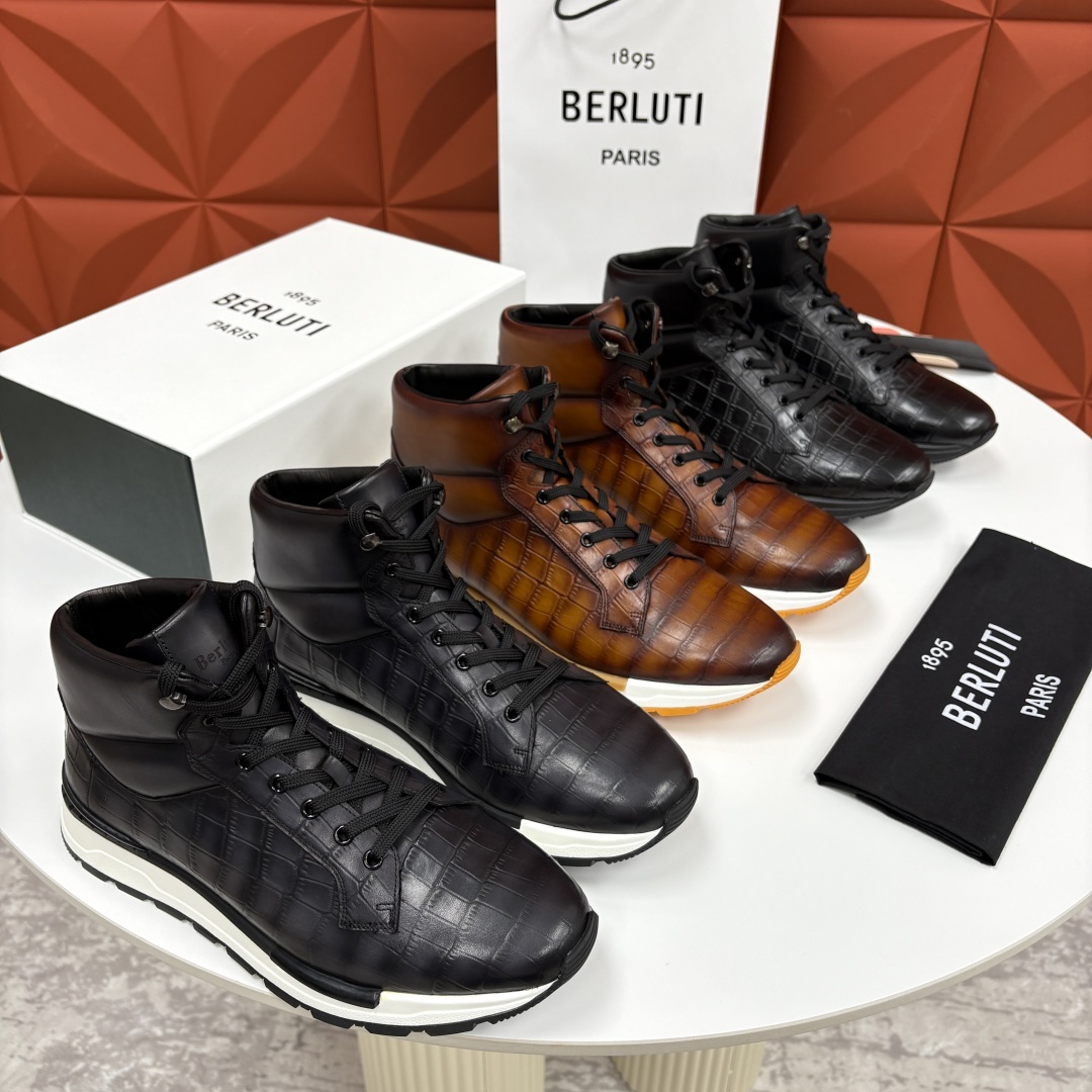💋💍Berlut* 布鲁提 升级版第四代私模大底 Fast Track皮革高帮运动鞋 鞋面采用头层压纹皮