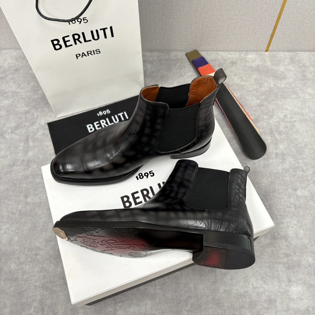 💋💍Berlut* 布鲁提 新品踝靴男士靴子 切尔西皮靴 以精湛工艺诠释奢华鞋履美学 这款靴子采用压纹鳄