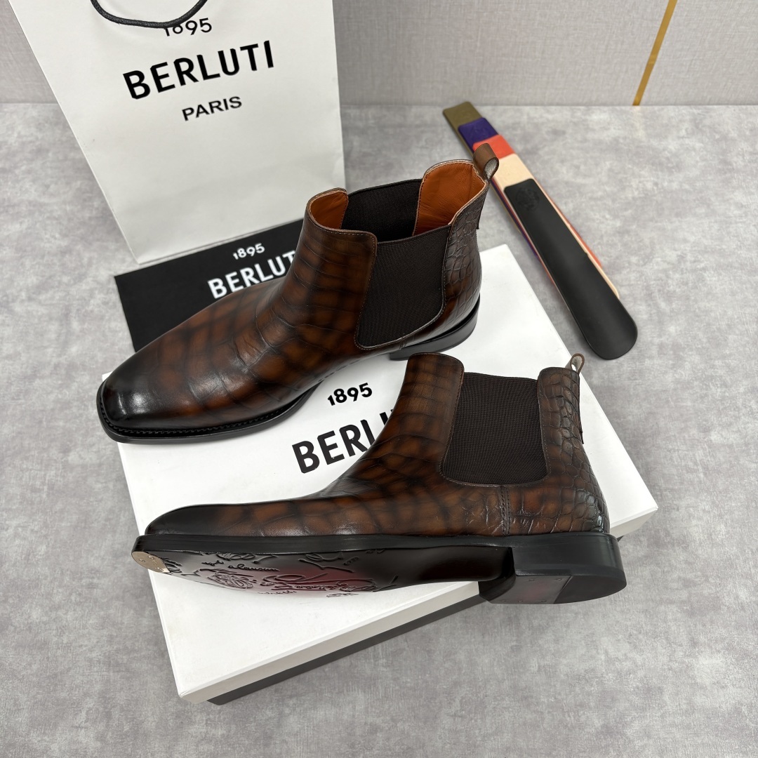 💋💍Berlut* 布鲁提 新品踝靴男士靴子 切尔西皮靴 以精湛工艺诠释奢华鞋履美学 这款靴子采用压纹鳄