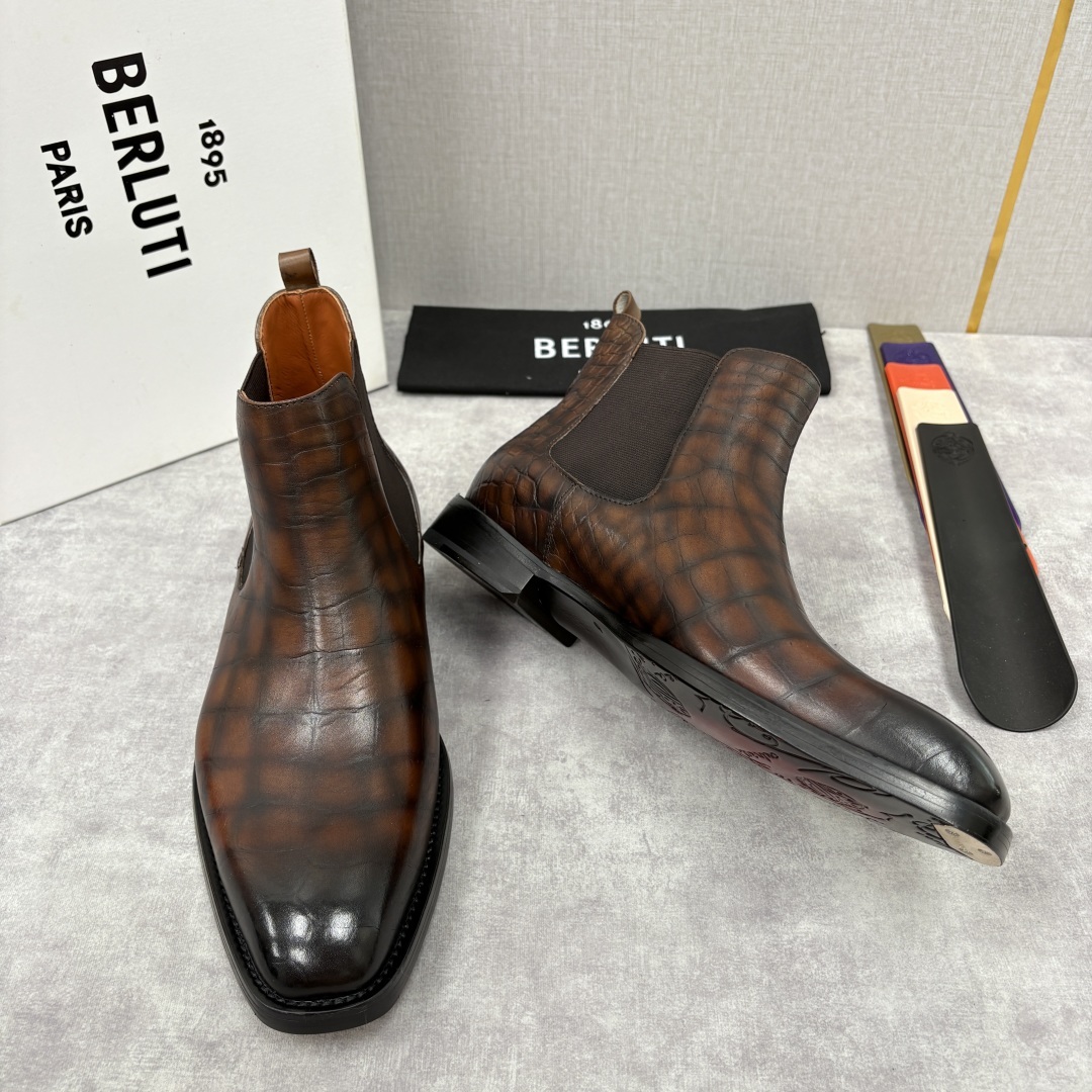 💋💍Berlut* 布鲁提 新品踝靴男士靴子 切尔西皮靴 以精湛工艺诠释奢华鞋履美学 这款靴子采用压纹鳄