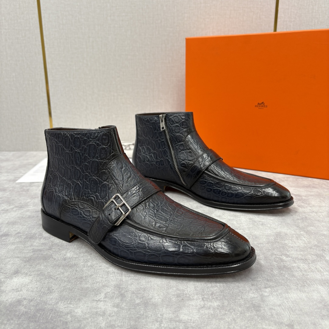 💋💍H家新品 爱马-仕 Hermè*s 鳄鱼纹男士短靴皮靴 奢华匠艺与绅士格调的巅峰融合 精选进口鳄鱼纹