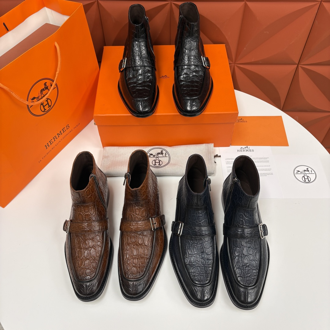 💋💍H家新品 爱马-仕 Hermè*s 鳄鱼纹男士短靴皮靴 奢华匠艺与绅士格调的巅峰融合 精选进口鳄鱼纹