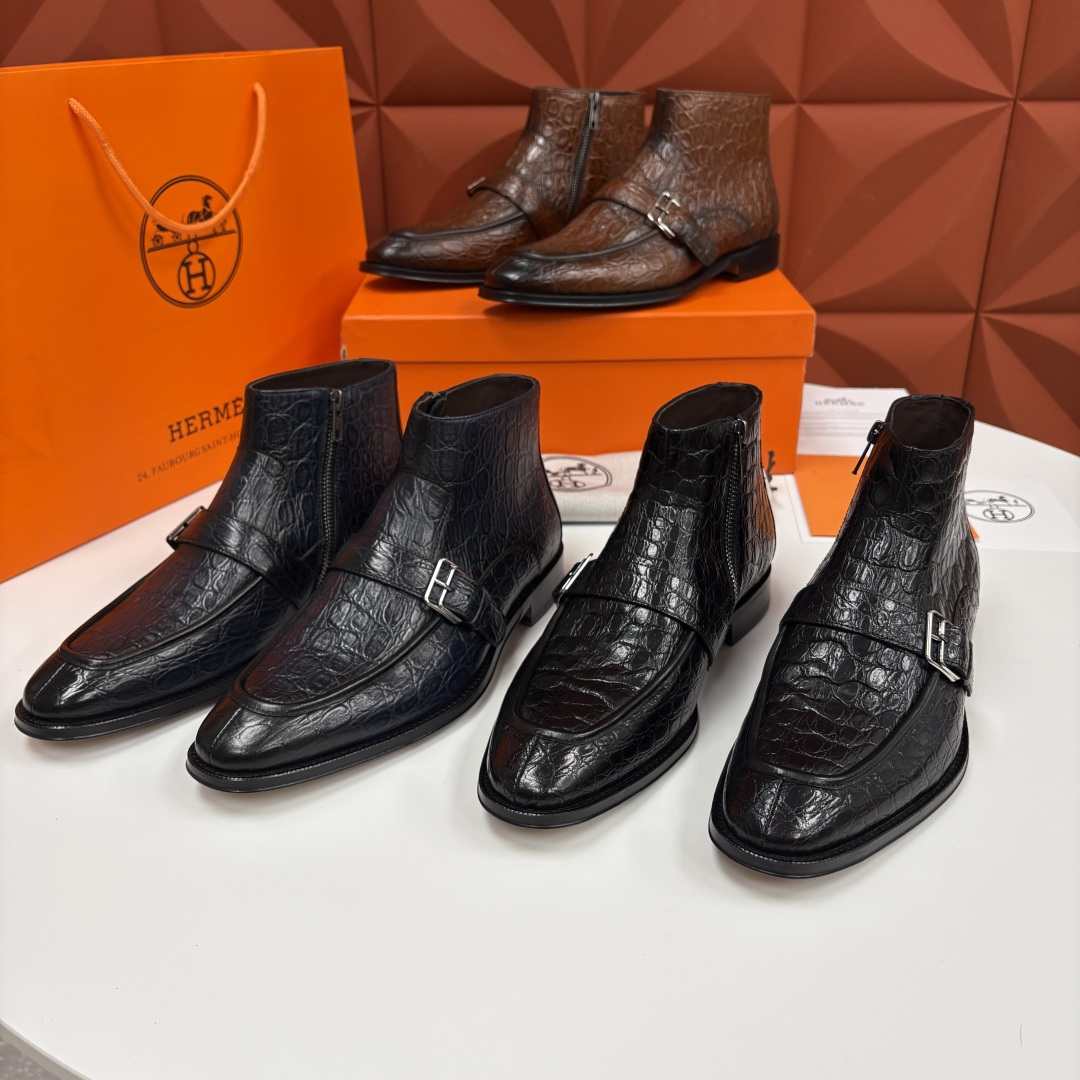 💋💍H家新品 爱马-仕 Hermè*s 鳄鱼纹男士短靴皮靴 奢华匠艺与绅士格调的巅峰融合 精选进口鳄鱼纹