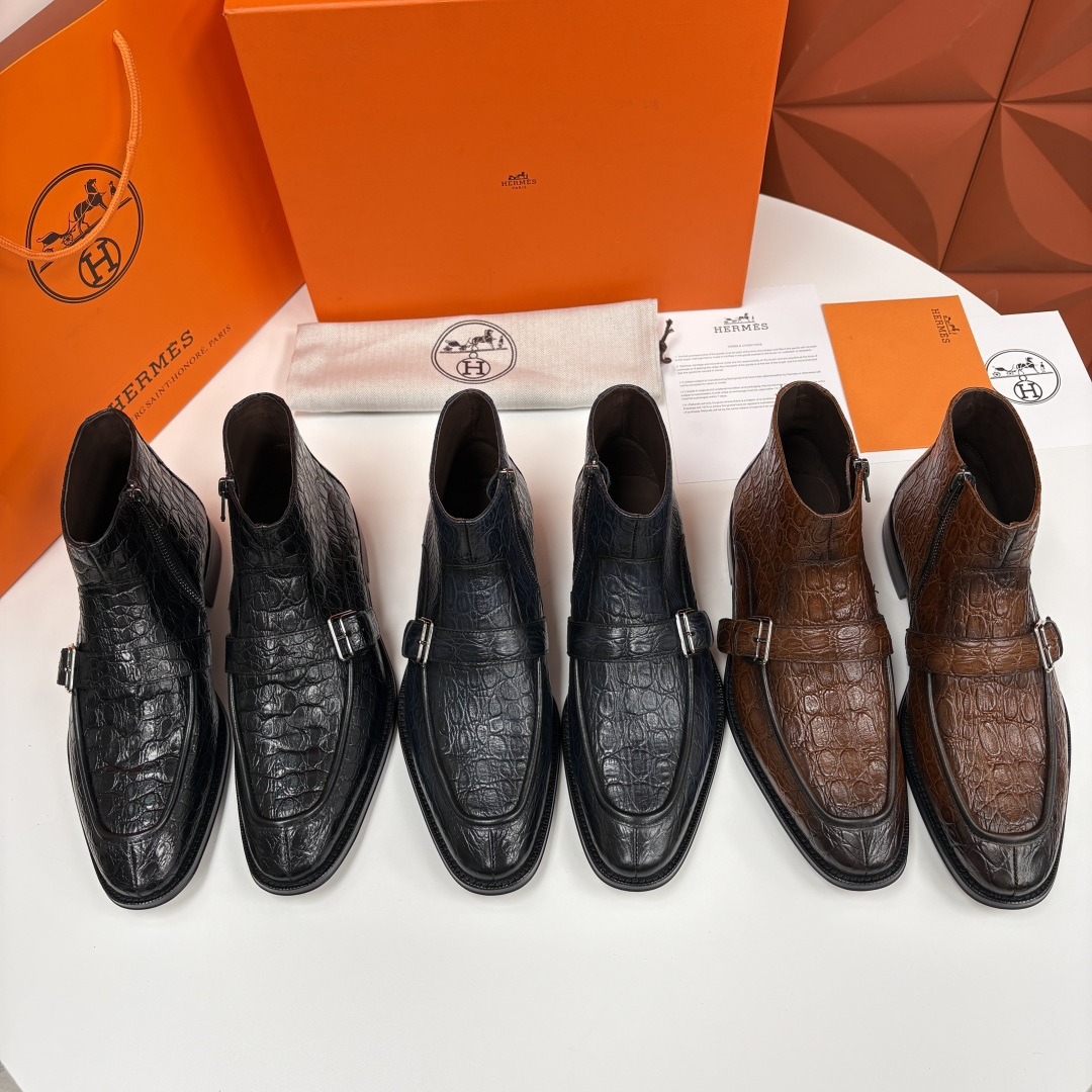 💋💍H家新品 爱马-仕 Hermè*s 鳄鱼纹男士短靴皮靴 奢华匠艺与绅士格调的巅峰融合 精选进口鳄鱼纹