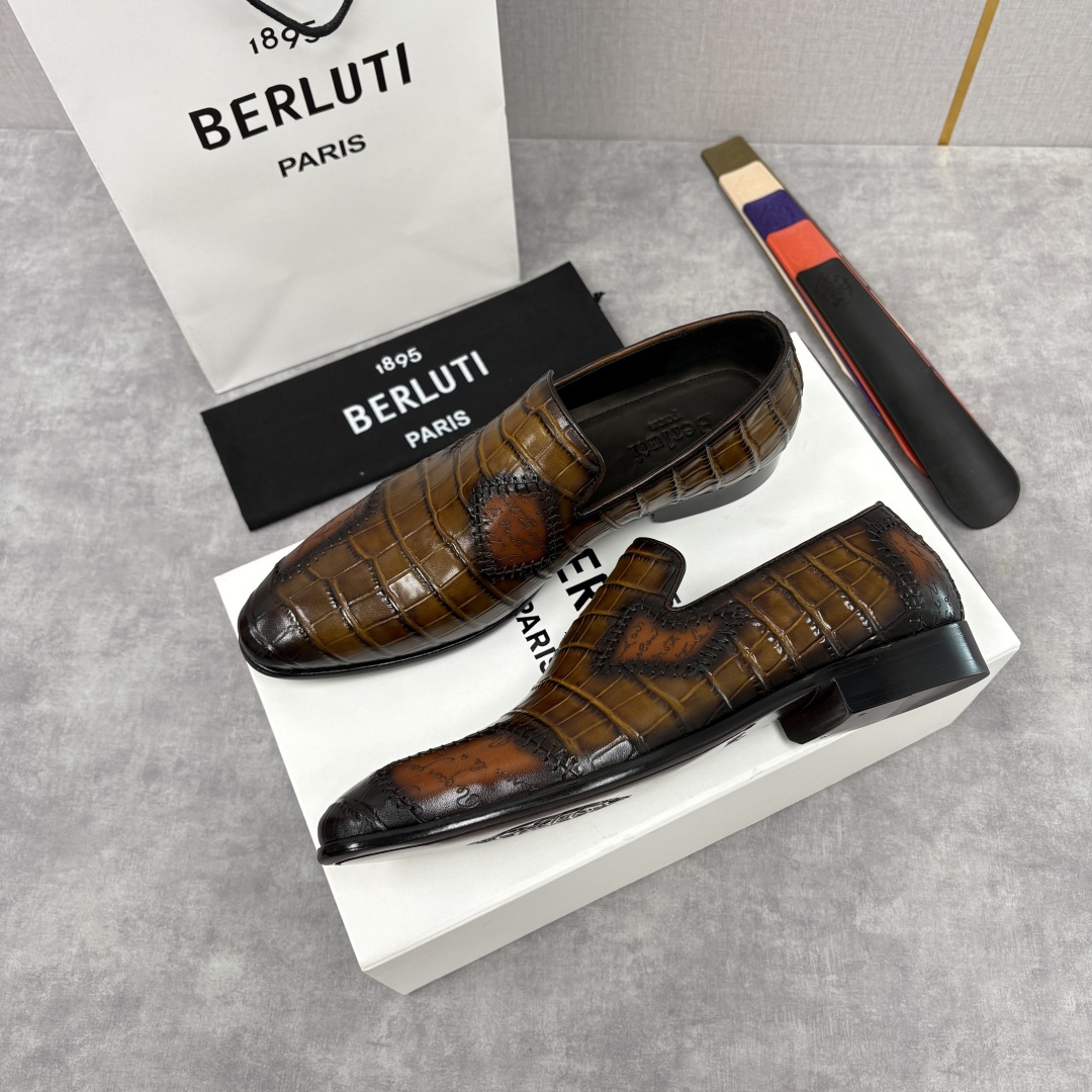 💋💍Berlut* 布鲁提 新款男士手工擦色鳄鱼纹乐福鞋正装皮鞋上新🆕 奢华与匠心的完美融合。甄选优质进