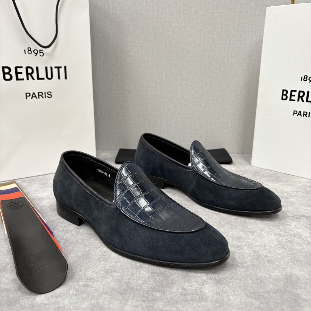 💋💍Berlut* 布鲁提 新款男士乐福鞋皮鞋 鞋面采用细腻反绒皮与仿鳄鱼纹压花牛皮拼接，反绒皮的柔软细