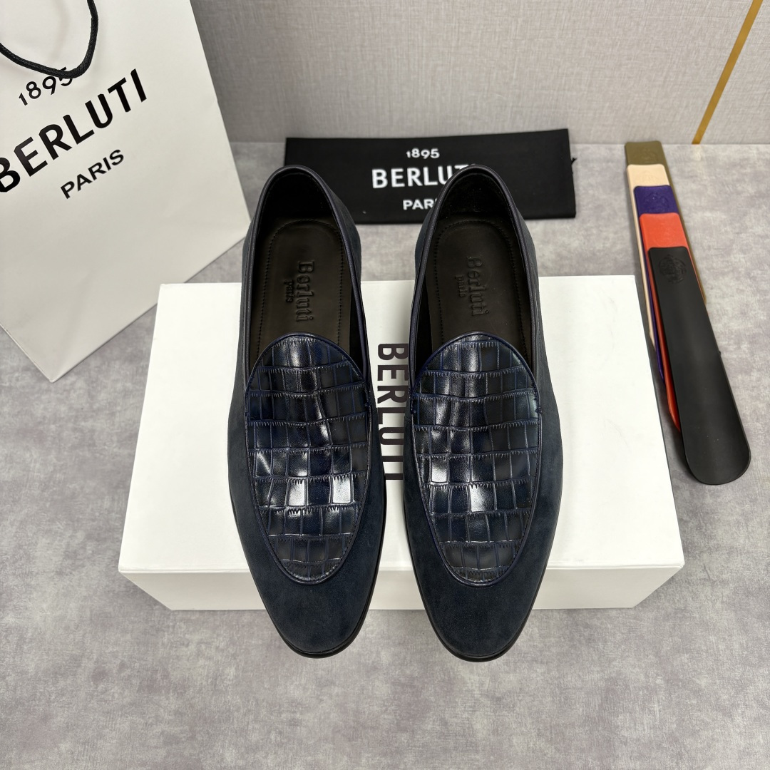💋💍Berlut* 布鲁提 新款男士乐福鞋皮鞋 鞋面采用细腻反绒皮与仿鳄鱼纹压花牛皮拼接，反绒皮的柔软细