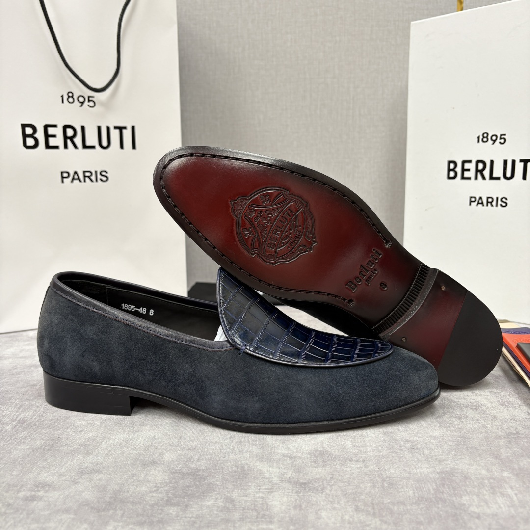 💋💍Berlut* 布鲁提 新款男士乐福鞋皮鞋 鞋面采用细腻反绒皮与仿鳄鱼纹压花牛皮拼接，反绒皮的柔软细