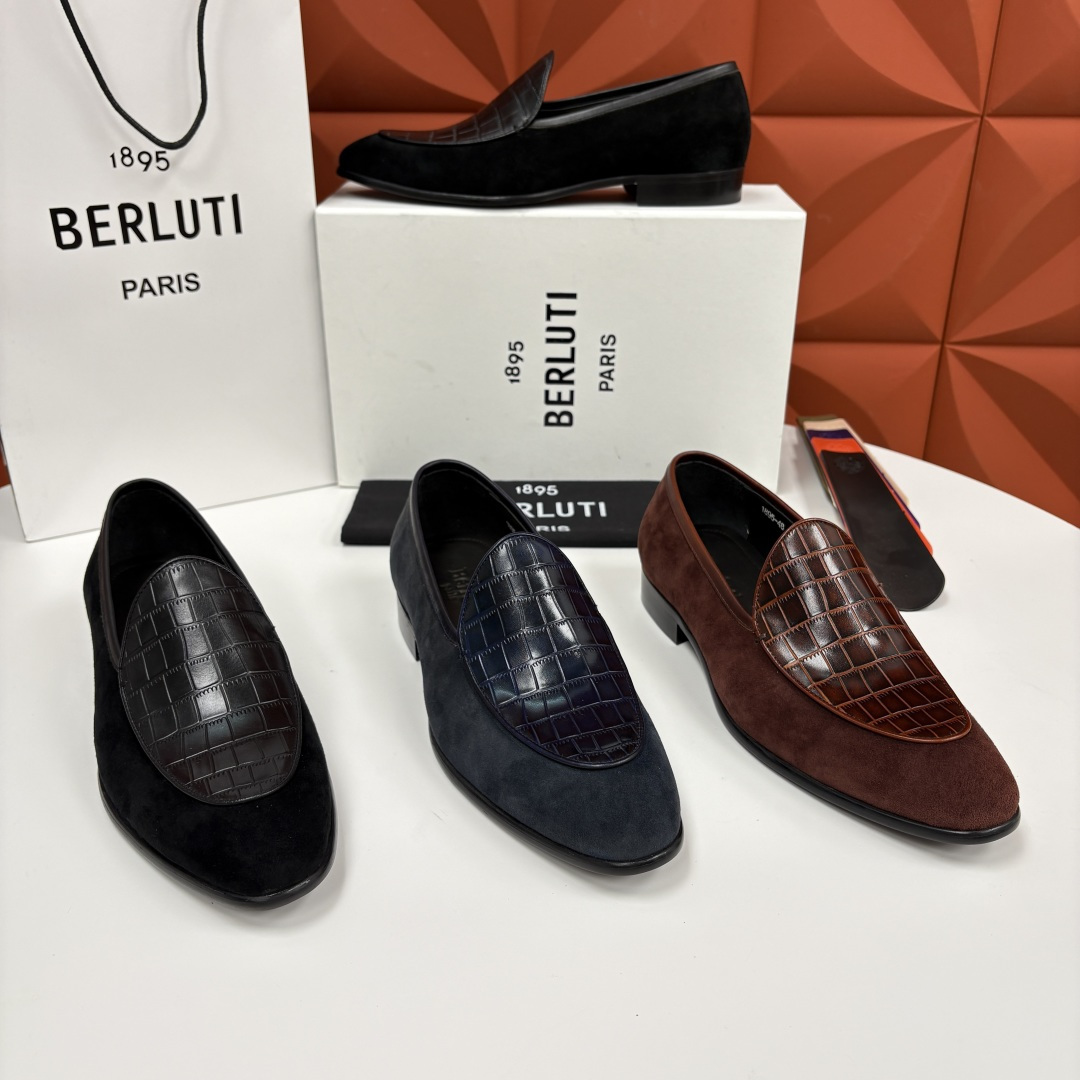 💋💍Berlut* 布鲁提 新款男士乐福鞋皮鞋 鞋面采用细腻反绒皮与仿鳄鱼纹压花牛皮拼接，反绒皮的柔软细