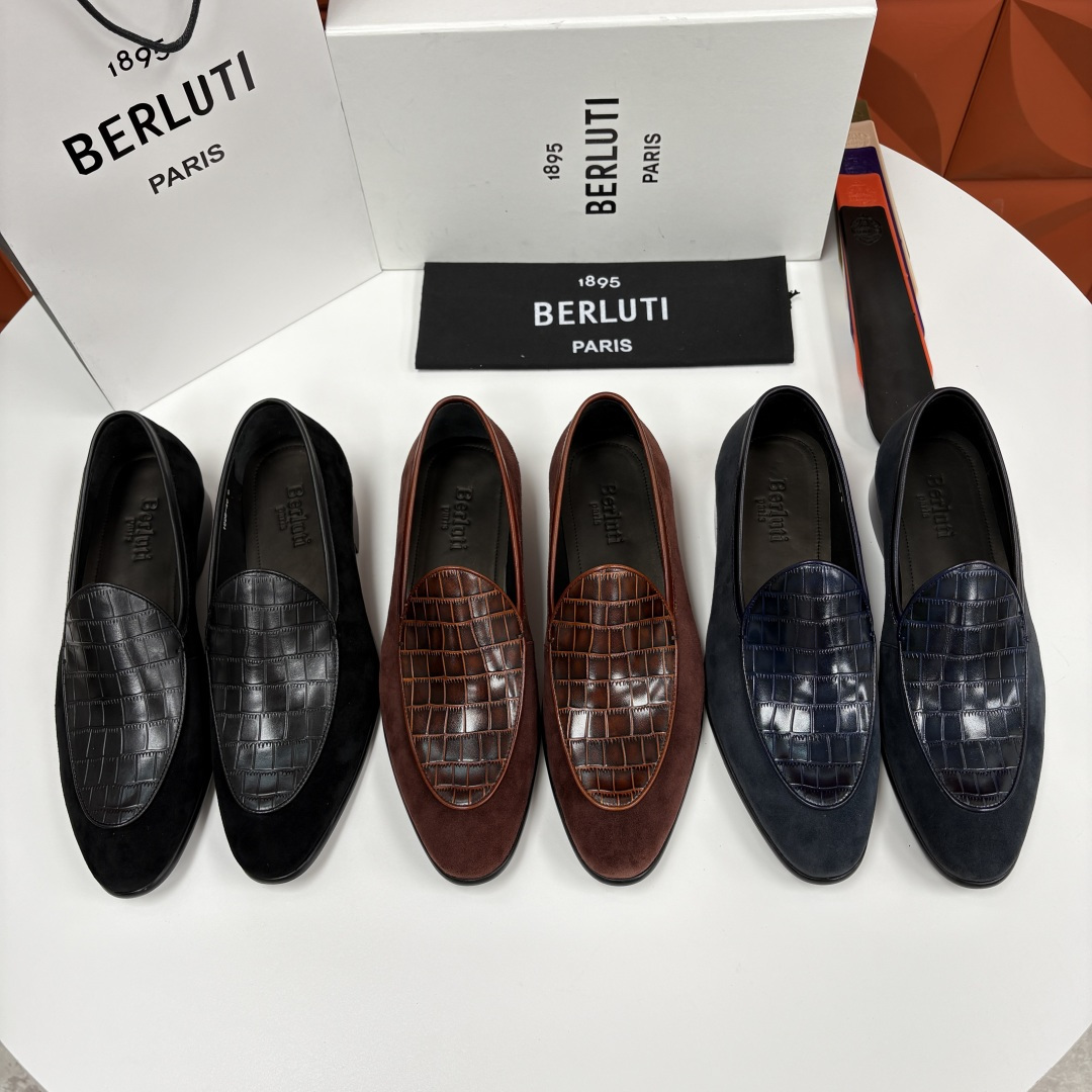 💋💍Berlut* 布鲁提 新款男士乐福鞋皮鞋 鞋面采用细腻反绒皮与仿鳄鱼纹压花牛皮拼接，反绒皮的柔软细