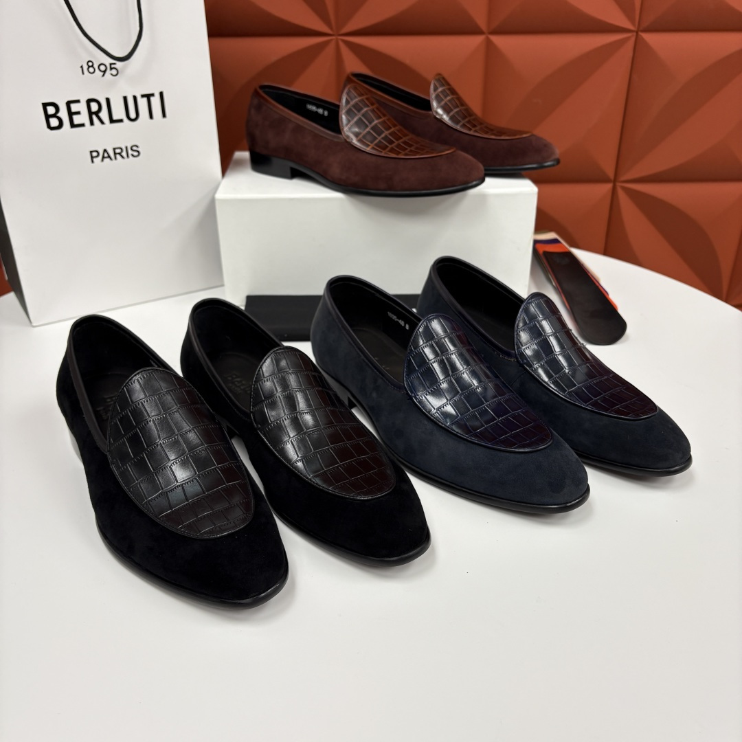 💋💍Berlut* 布鲁提 新款男士乐福鞋皮鞋 鞋面采用细腻反绒皮与仿鳄鱼纹压花牛皮拼接，反绒皮的柔软细