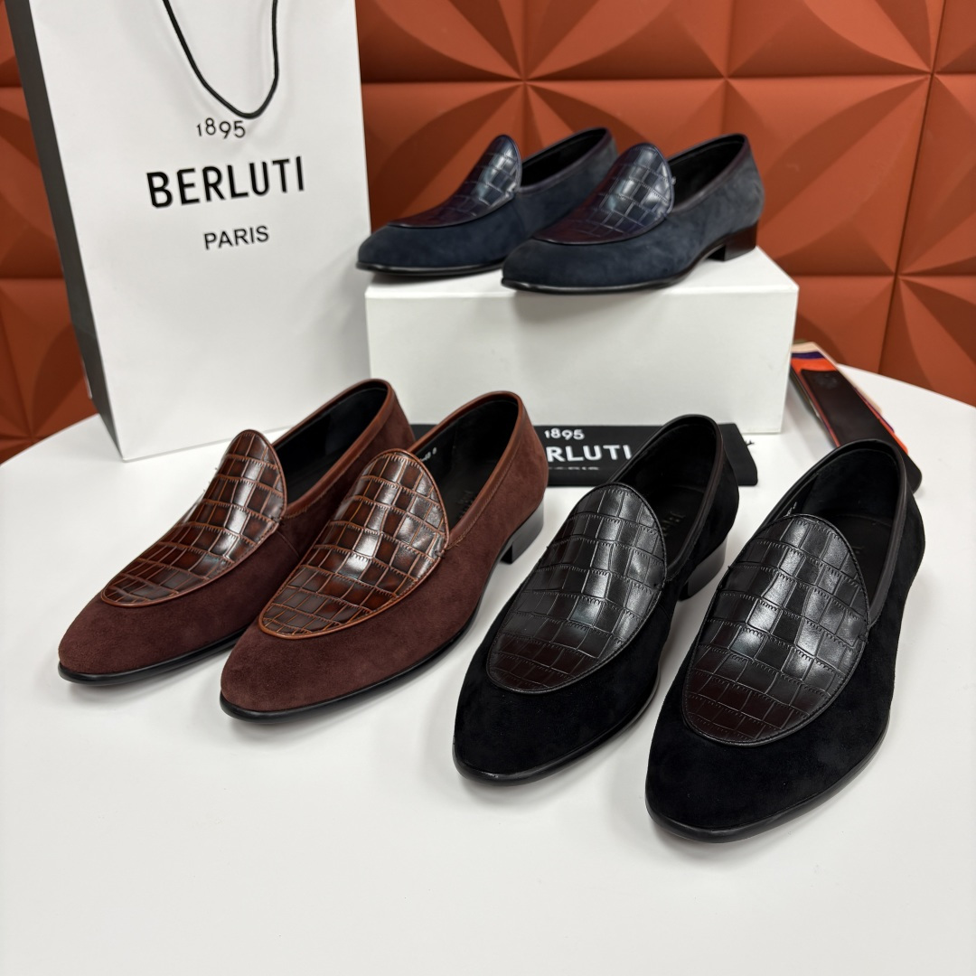 💋💍Berlut* 布鲁提 新款男士乐福鞋皮鞋 鞋面采用细腻反绒皮与仿鳄鱼纹压花牛皮拼接，反绒皮的柔软细