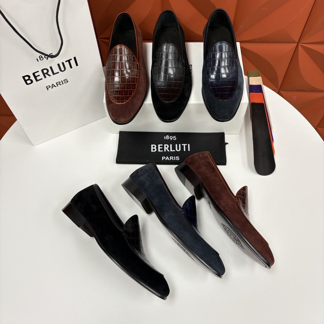 💋💍Berlut* 布鲁提 新款男士乐福鞋皮鞋 鞋面采用细腻反绒皮与仿鳄鱼纹压花牛皮拼接，反绒皮的柔软细