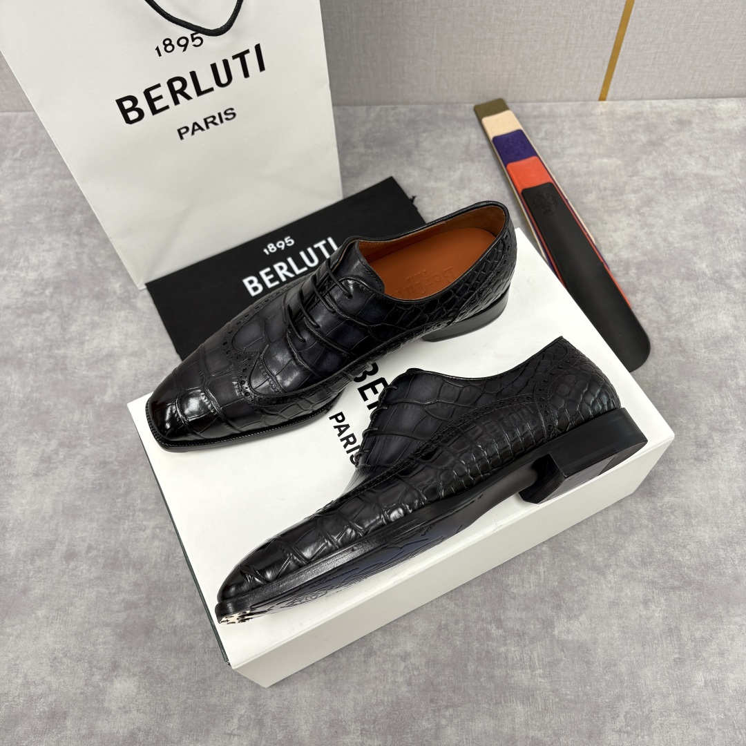 💋💍Berlut* 布鲁提 新款男士手工擦色正装皮鞋上新🆕 鳄鱼纹布洛克鞋的匠心美学 奢华与匠心的完美融