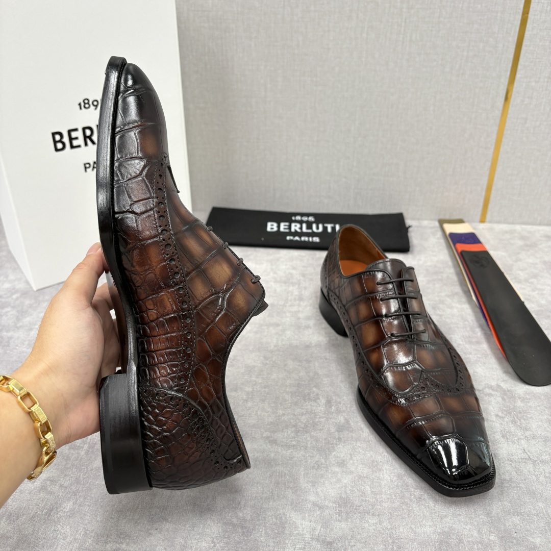 💋💍Berlut* 布鲁提 新款男士手工擦色正装皮鞋上新🆕 鳄鱼纹布洛克鞋的匠心美学 奢华与匠心的完美融