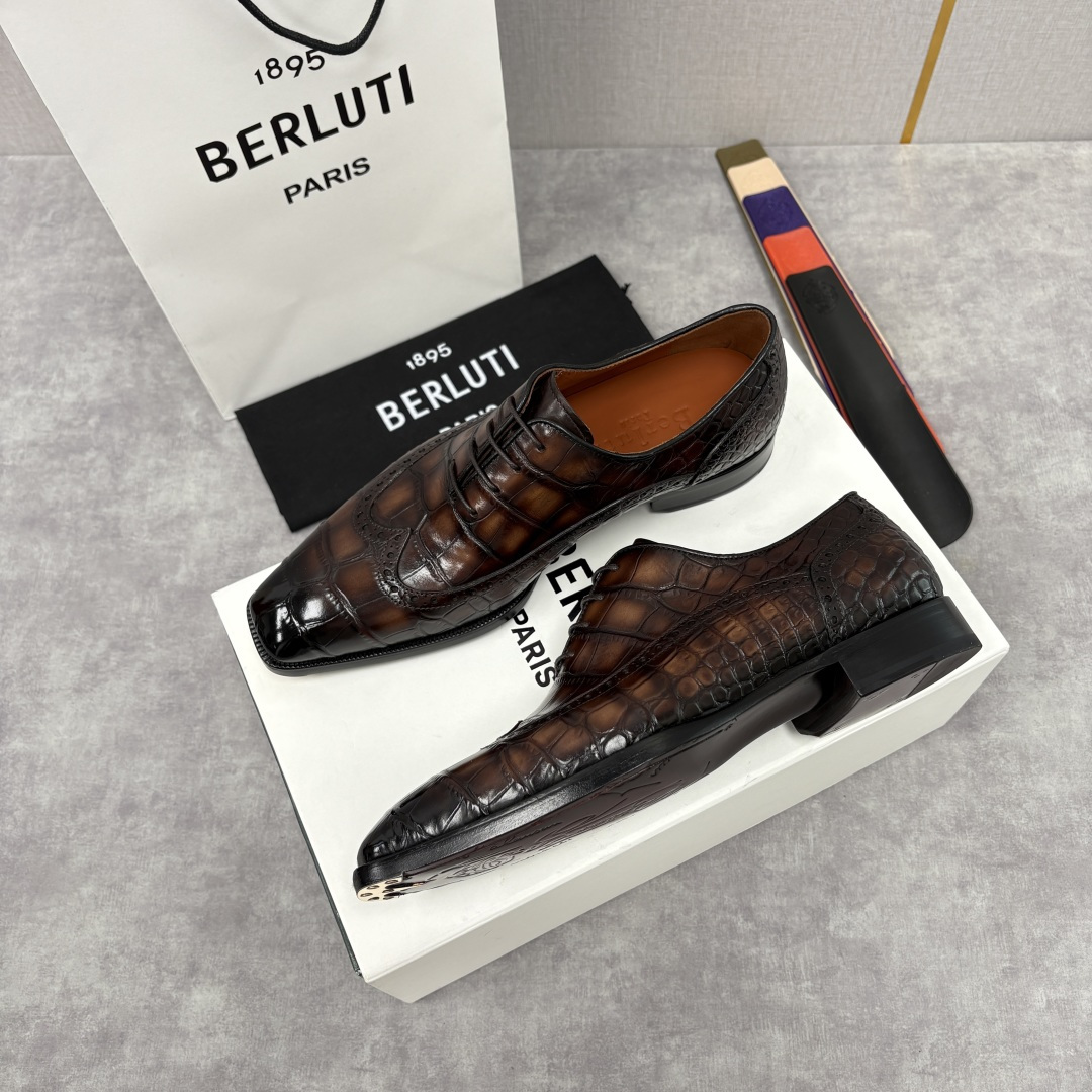 💋💍Berlut* 布鲁提 新款男士手工擦色正装皮鞋上新🆕 鳄鱼纹布洛克鞋的匠心美学 奢华与匠心的完美融