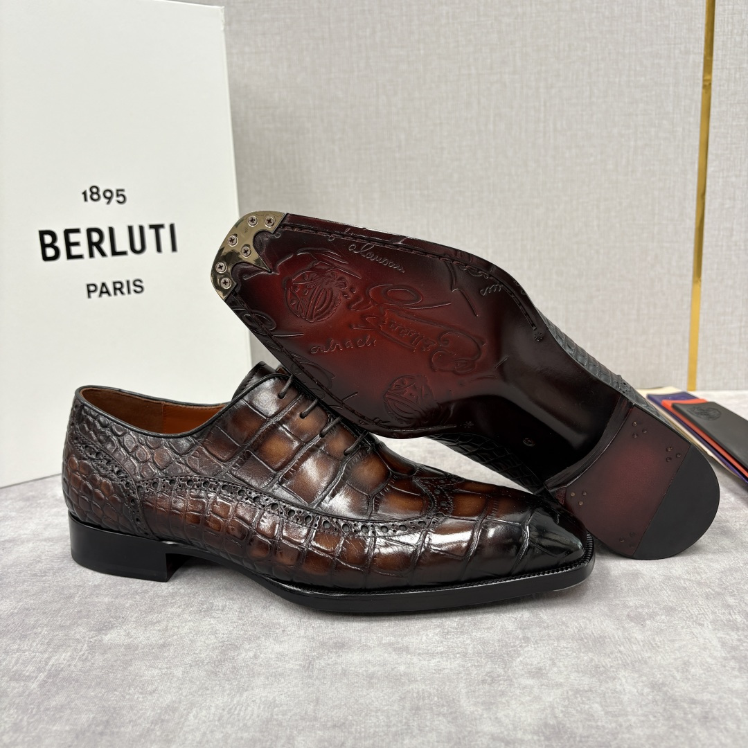💋💍Berlut* 布鲁提 新款男士手工擦色正装皮鞋上新🆕 鳄鱼纹布洛克鞋的匠心美学 奢华与匠心的完美融