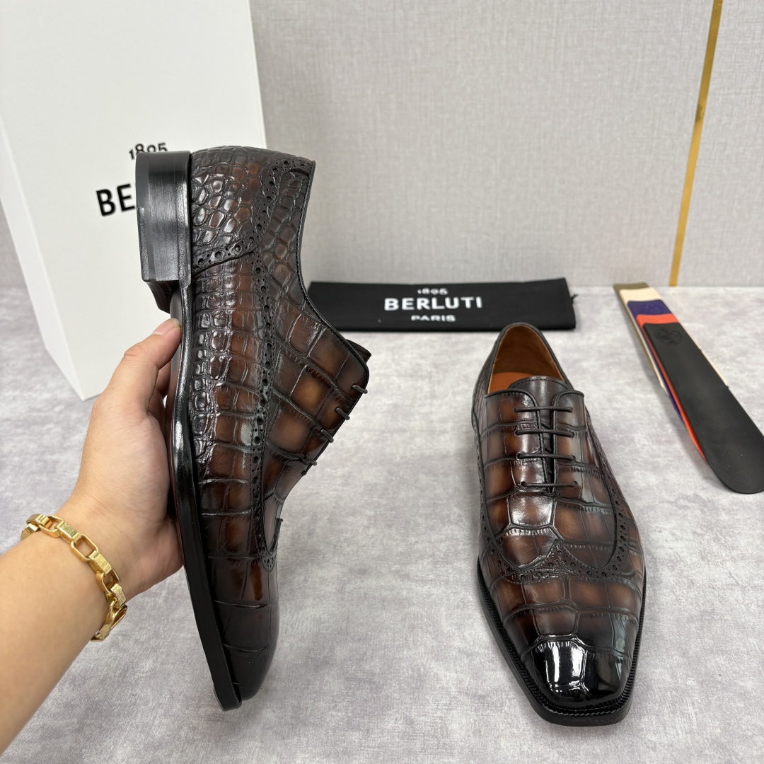 💋💍Berlut* 布鲁提 新款男士手工擦色正装皮鞋上新🆕 鳄鱼纹布洛克鞋的匠心美学 奢华与匠心的完美融