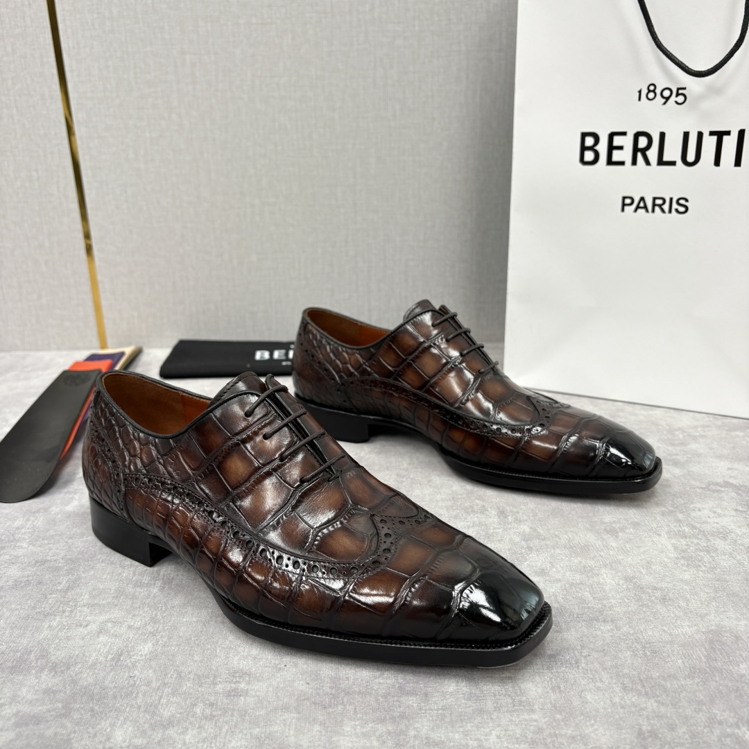 💋💍Berlut* 布鲁提 新款男士手工擦色正装皮鞋上新🆕 鳄鱼纹布洛克鞋的匠心美学 奢华与匠心的完美融