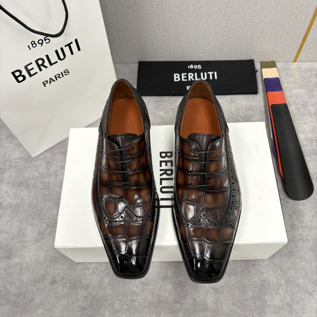 💋💍Berlut* 布鲁提 新款男士手工擦色正装皮鞋上新🆕 鳄鱼纹布洛克鞋的匠心美学 奢华与匠心的完美融