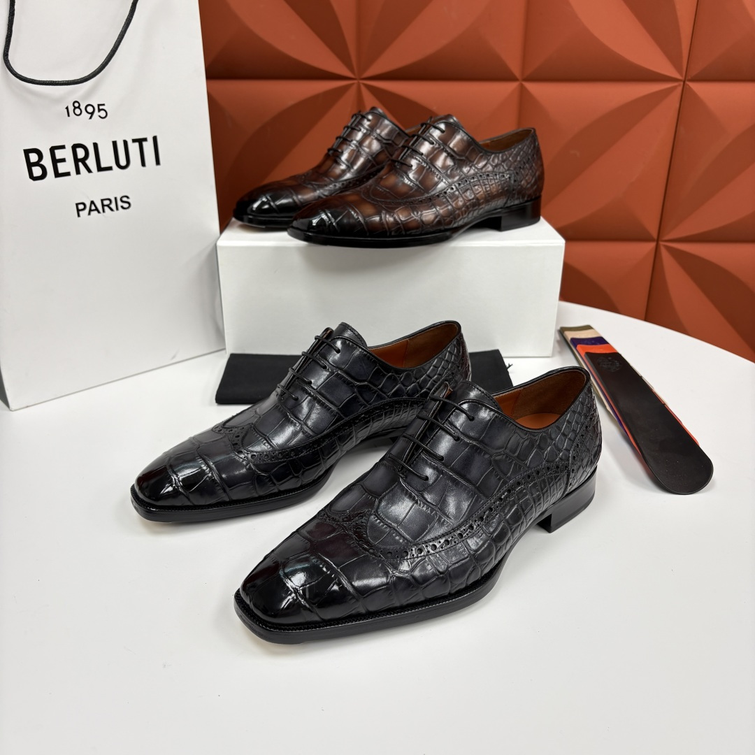 💋💍Berlut* 布鲁提 新款男士手工擦色正装皮鞋上新🆕 鳄鱼纹布洛克鞋的匠心美学 奢华与匠心的完美融