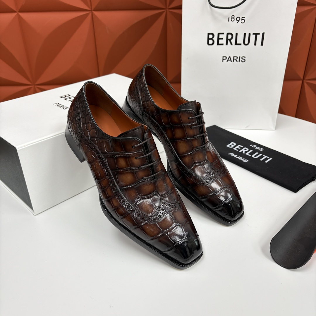 💋💍Berlut* 布鲁提 新款男士手工擦色正装皮鞋上新🆕 鳄鱼纹布洛克鞋的匠心美学 奢华与匠心的完美融