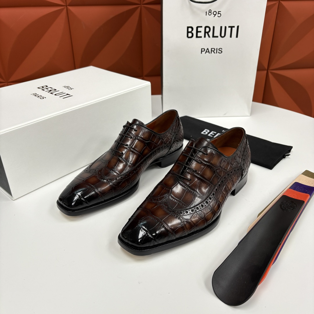 💋💍Berlut* 布鲁提 新款男士手工擦色正装皮鞋上新🆕 鳄鱼纹布洛克鞋的匠心美学 奢华与匠心的完美融