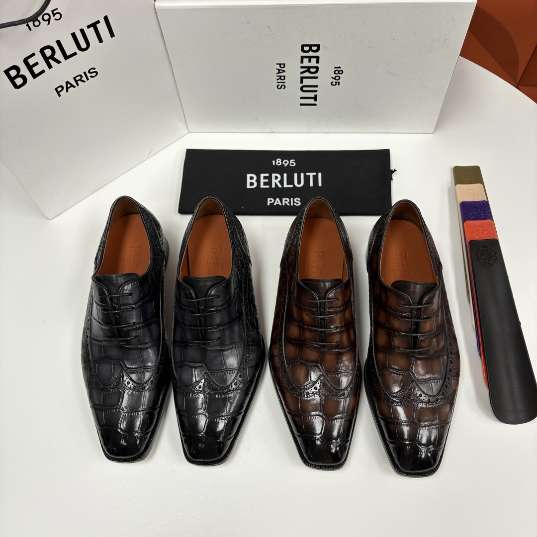 💋💍Berlut* 布鲁提 新款男士手工擦色正装皮鞋上新🆕 鳄鱼纹布洛克鞋的匠心美学 奢华与匠心的完美融