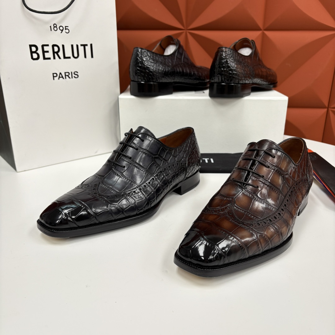 💋💍Berlut* 布鲁提 新款男士手工擦色正装皮鞋上新🆕 鳄鱼纹布洛克鞋的匠心美学 奢华与匠心的完美融
