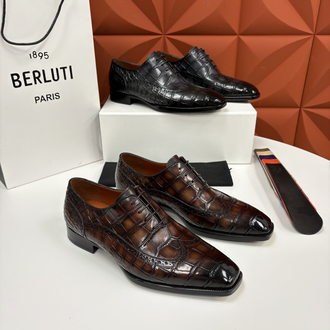 💋💍Berlut* 布鲁提 新款男士手工擦色正装皮鞋上新🆕 鳄鱼纹布洛克鞋的匠心美学 奢华与匠心的完美融