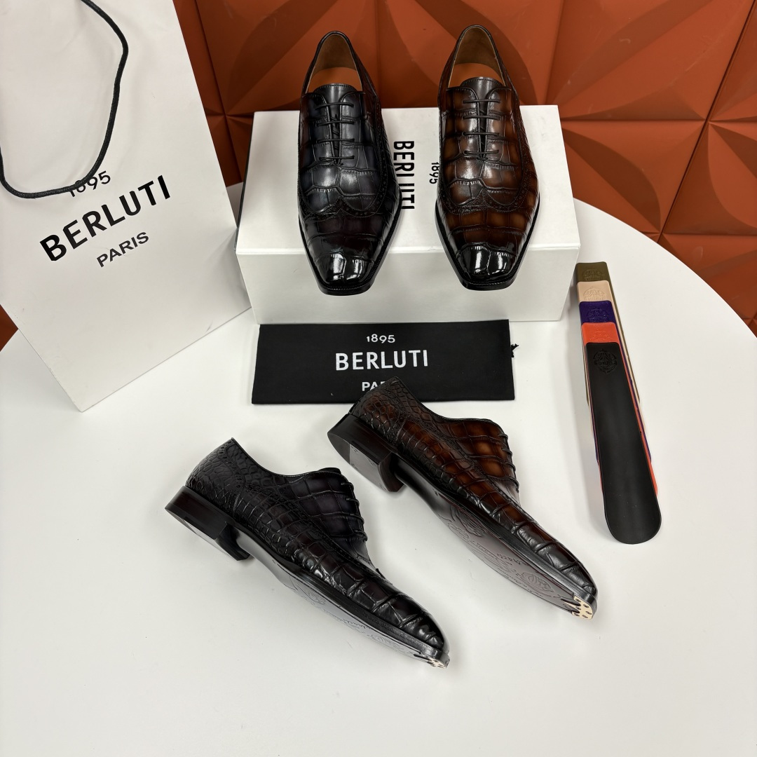 💋💍Berlut* 布鲁提 新款男士手工擦色正装皮鞋上新🆕 鳄鱼纹布洛克鞋的匠心美学 奢华与匠心的完美融