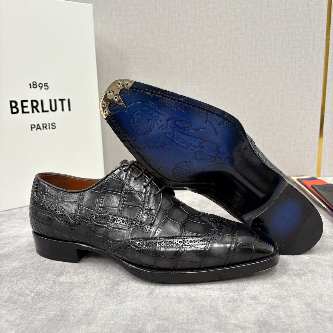 💋💍Berlut* 布鲁提 新款男士手工擦色正装皮鞋上新🆕 鳄鱼纹布洛克鞋的匠心美学 奢华与匠心的完美融