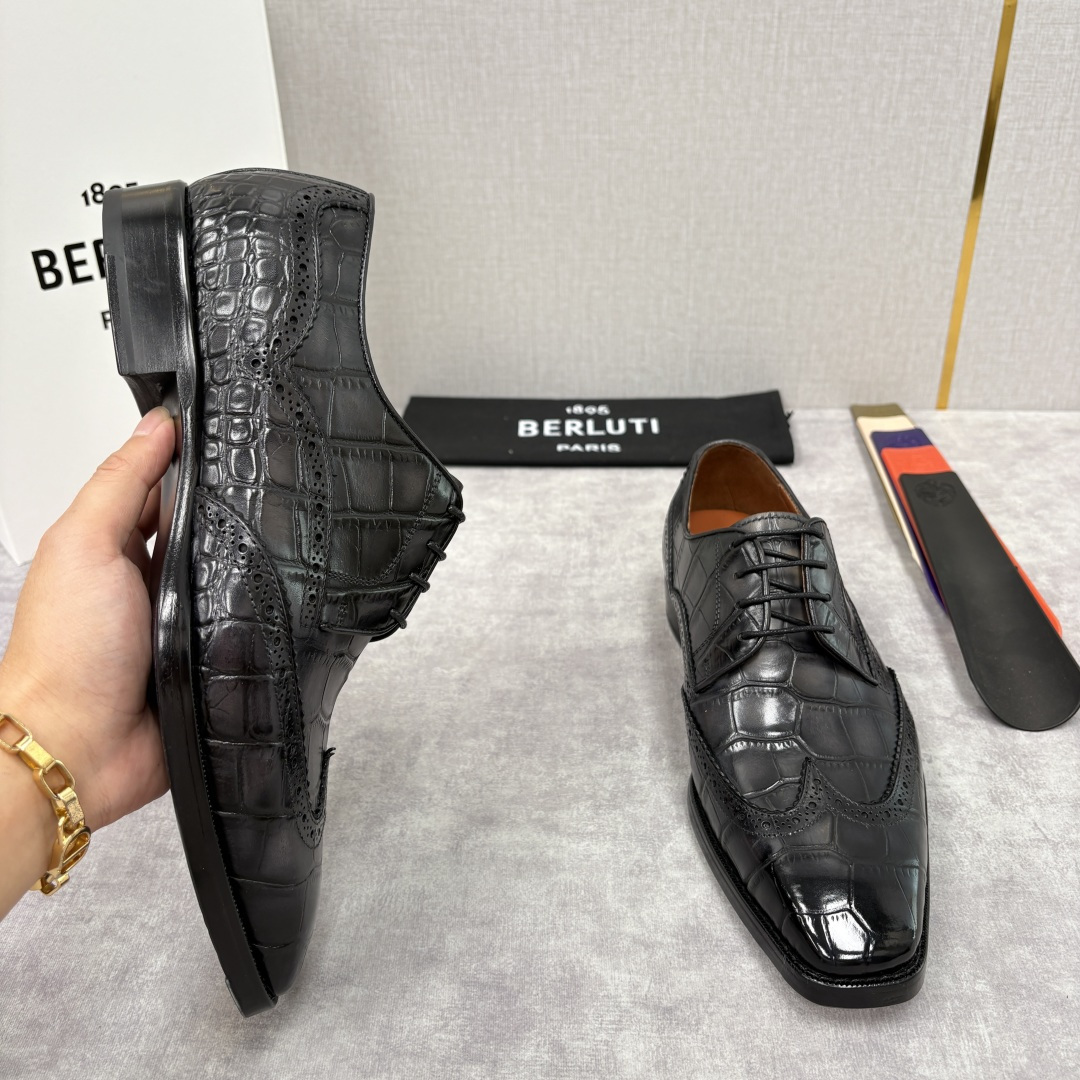 💋💍Berlut* 布鲁提 新款男士手工擦色正装皮鞋上新🆕 鳄鱼纹布洛克鞋的匠心美学 奢华与匠心的完美融