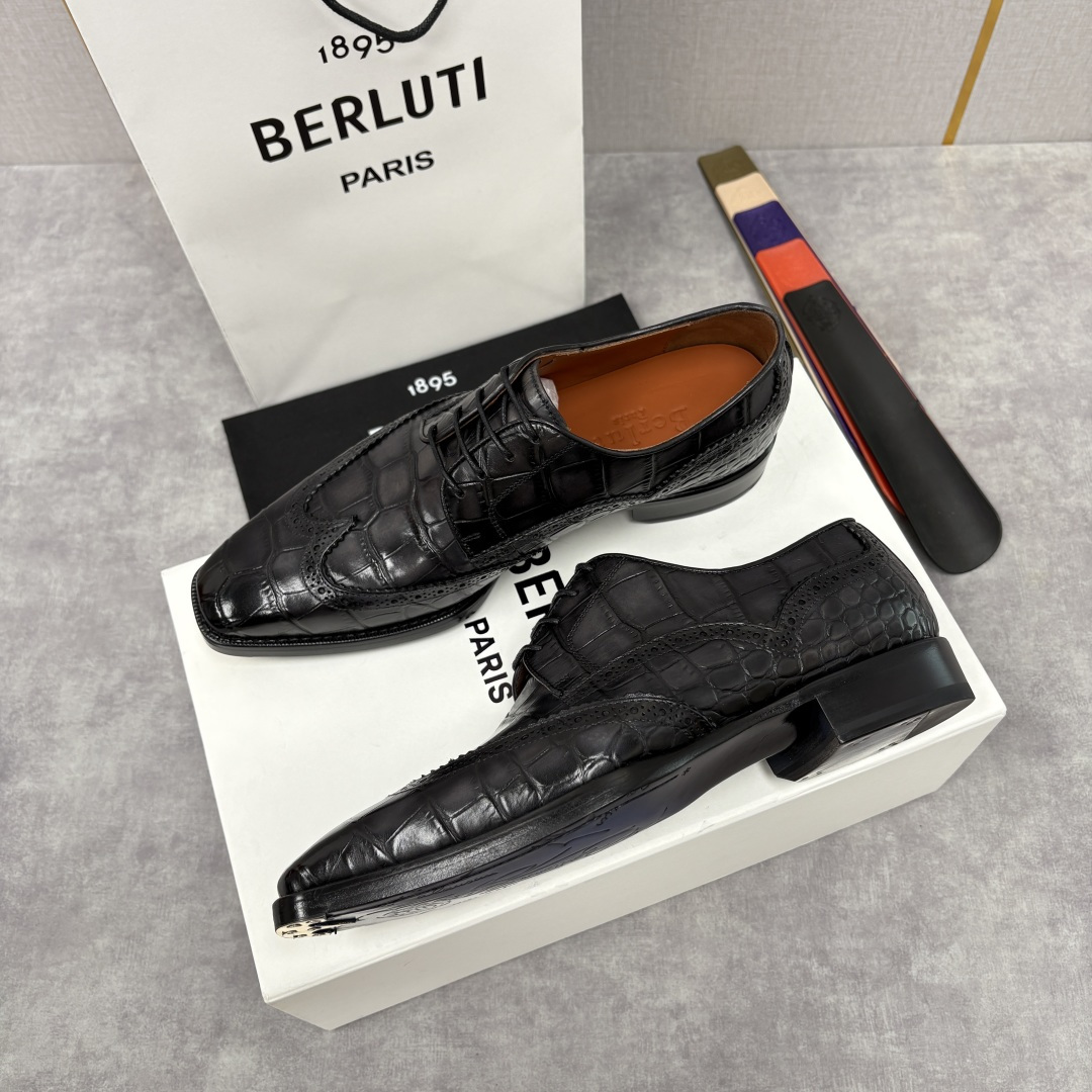 💋💍Berlut* 布鲁提 新款男士手工擦色正装皮鞋上新🆕 鳄鱼纹布洛克鞋的匠心美学 奢华与匠心的完美融