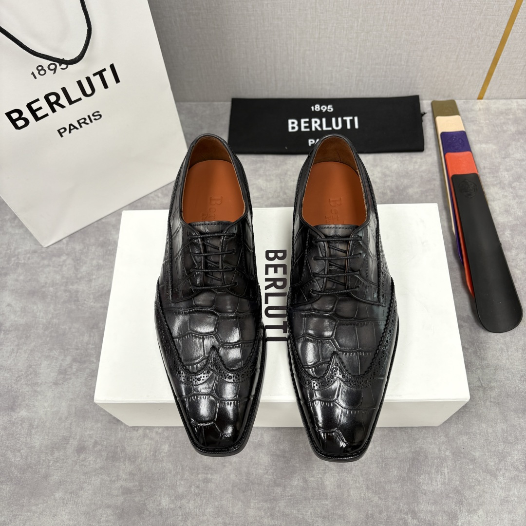 💋💍Berlut* 布鲁提 新款男士手工擦色正装皮鞋上新🆕 鳄鱼纹布洛克鞋的匠心美学 奢华与匠心的完美融