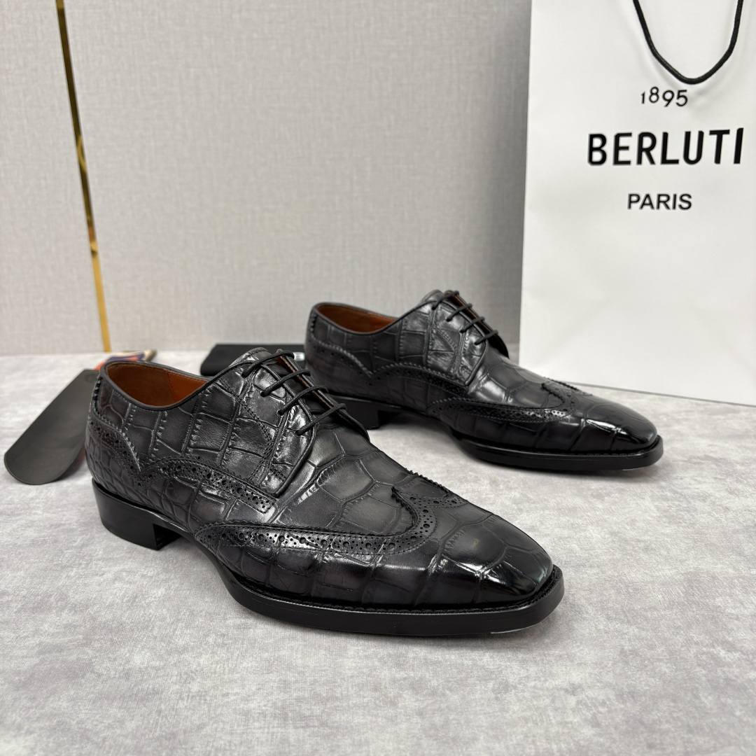 💋💍Berlut* 布鲁提 新款男士手工擦色正装皮鞋上新🆕 鳄鱼纹布洛克鞋的匠心美学 奢华与匠心的完美融