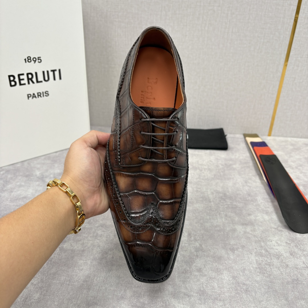 💋💍Berlut* 布鲁提 新款男士手工擦色正装皮鞋上新🆕 鳄鱼纹布洛克鞋的匠心美学 奢华与匠心的完美融